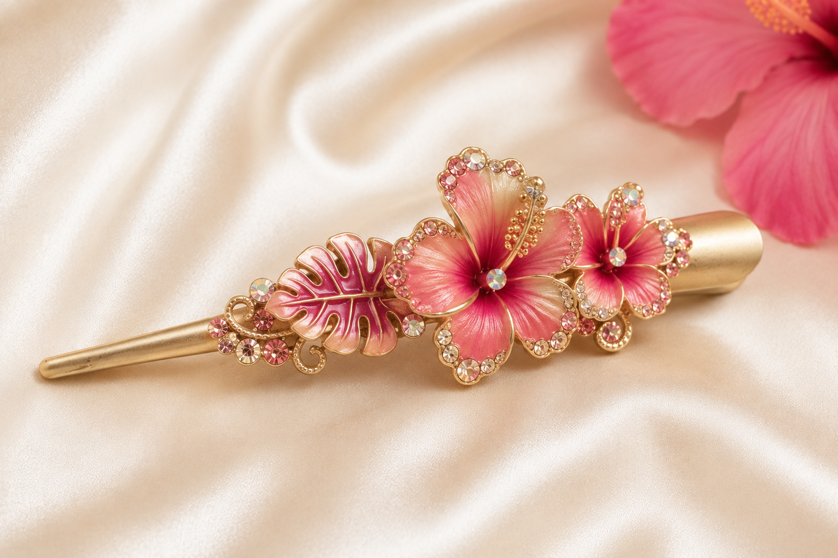 Tropical Hibiscus Crystal Hair Clip – Pink Sunset