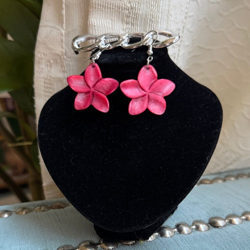 Hawaiian Jewelry Pink Plumeria Flower Shell Dangle Earrings with Stainless Steel Hooks