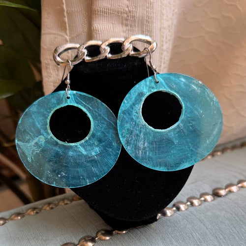 Hawaiian Jewelry Blue Circle Shell Dangle Earrings with Stainless Steel Hooks