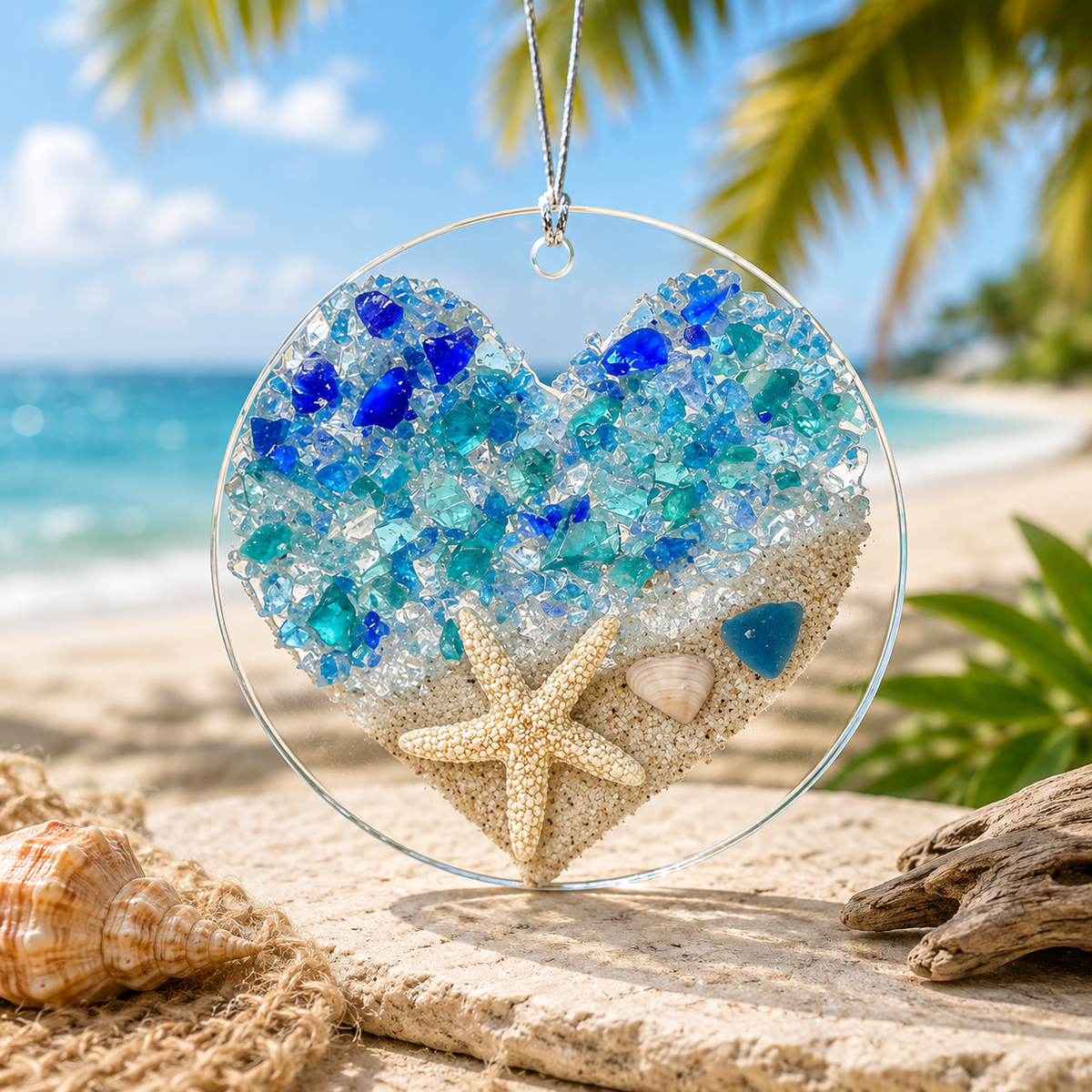 Sea Glass Suncatcher Style 1, Acrylic Ocean Wave Crashing Beach Ornament, Hanging Sea Glass Pieces Light Catcher Ornament for Beach Themed Home Interiors