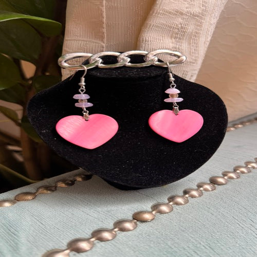 Hawaiian Jewelry Pink Heart Shaped Shell Dangle Earrings with Stainless Steel Hooks