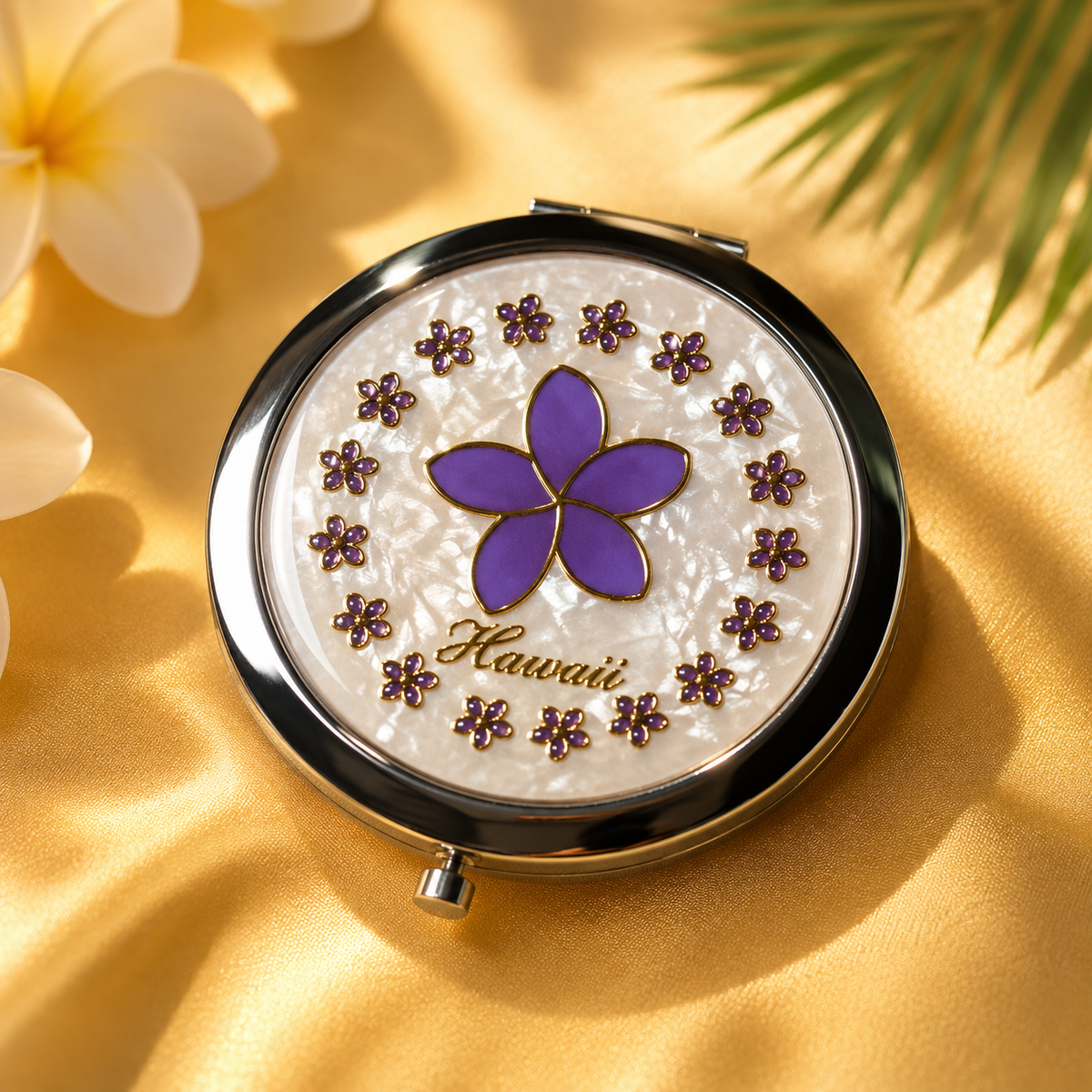 Hawaiian Purple Plumeria with Golden Background Compact Makeup Mirror – Elegant Travel Pocket Mirror