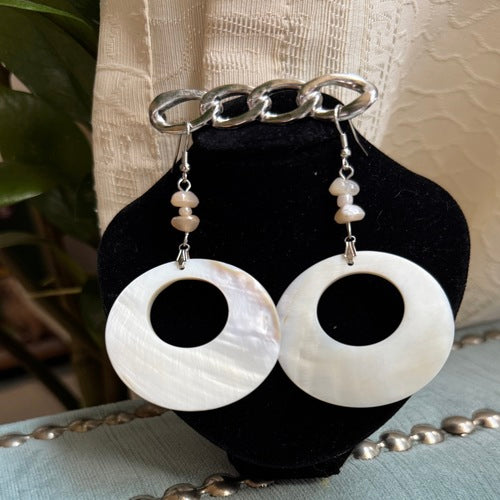 Hawaiian Jewelry White Circle Shell Dangle Earrings with Stainless Steel Hooks