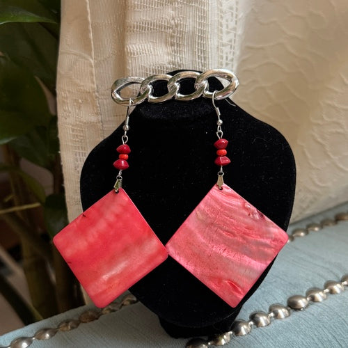 Hawaiian Jewelry Pink Square Shaped Shell Dangle Earrings with Stainless Steel Hooks