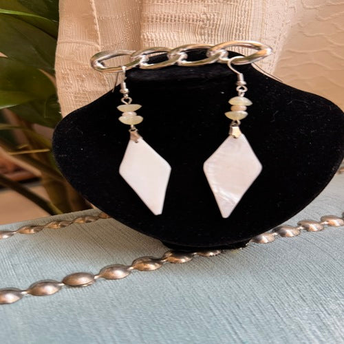 Hawaiian Jewelry White Diamond Shaped Shell Dangle Earrings with Stainless Steel Hooks