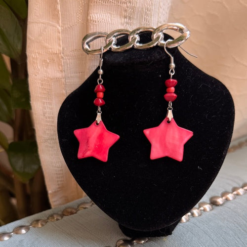Hawaiian Jewelry Pink Star Shaped Shell Dangle Earrings with Stainless Steel Hooks
