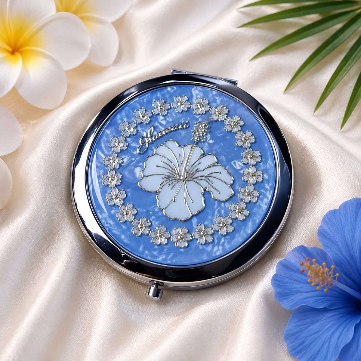 Hawaiian Hibiscus Light Blue Compact Mirror with Blue background - Elegant and Portable Makeup Mirror