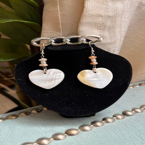 Hawaiian Jewelry White Heart Shaped Shell Dangle Earrings with Stainless Steel Hooks