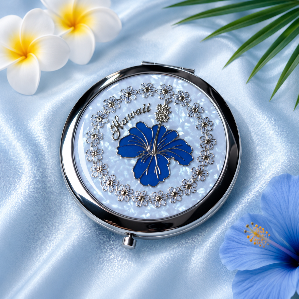 Hawaiian Hibiscus Blue Compact Mirror with Light Blue background - Elegant and Portable Makeup Mirror