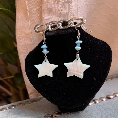 Hawaiian Jewelry White Star Shaped Shell Dangle Earrings with Stainless Steel Hooks