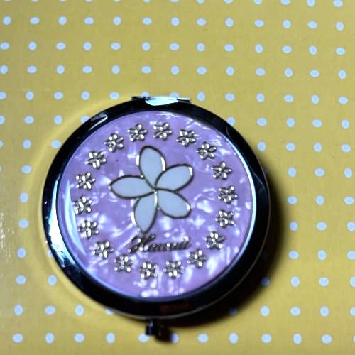Hawaiian Blue and Golden Plumeria Compact Mirror with Purple Background – Elegant Pocket Makeup Mirror