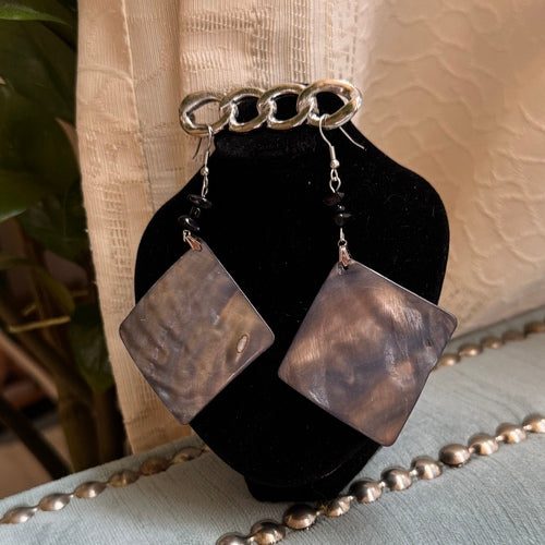 Hawaiian Jewelry Gray Square Shaped Shell Dangle Earrings with Stainless Steel Hooks