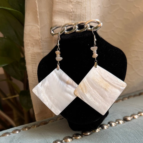 Hawaiian Jewelry White Square Shaped Shell Dangle Earrings with Stainless Steel Hooks