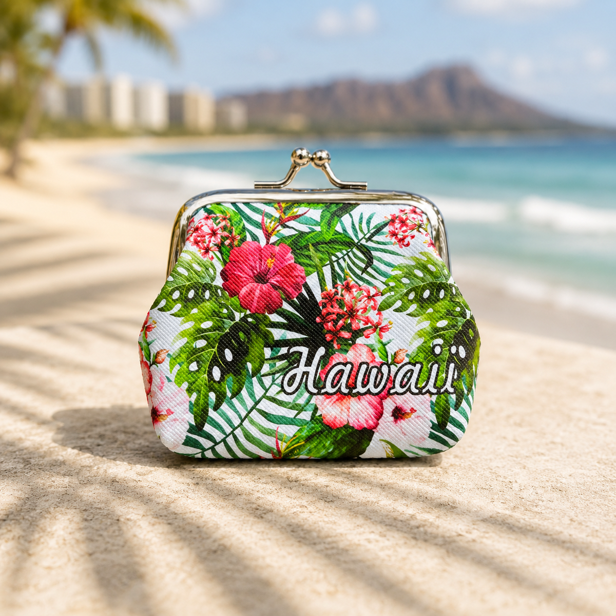 Hawaiian Flowers Canvas Mini Coin Purse, Makeup Bag, with Kiss Lock Buckle, Perfect Gift For Girls Women Daily Use