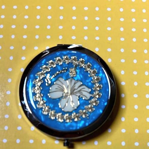 Hawaiian Hibiscus Silver Compact Mirror with Blue background - Elegant and Portable Makeup Mirror