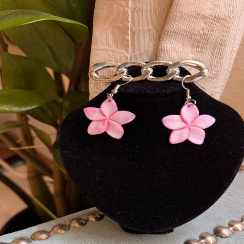 Hawaiian Jewelry Light Pink Plumeria Flower Shell Dangle Earrings with Stainless Steel Hooks