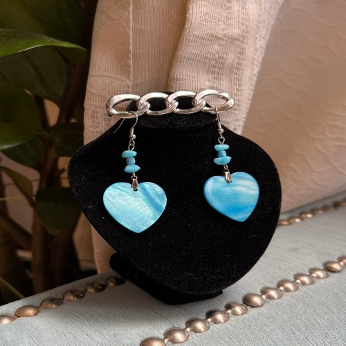 Hawaiian Jewelry Blue Heart Shaped Shell Dangle Earrings with Stainless Steel Hooks