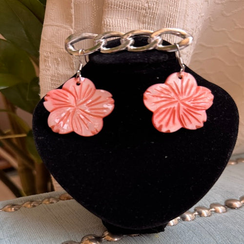 Hawaiian Jewelry Light Pink Hibiscus Flower Shell Dangle Earrings with Stainless Steel Hooks