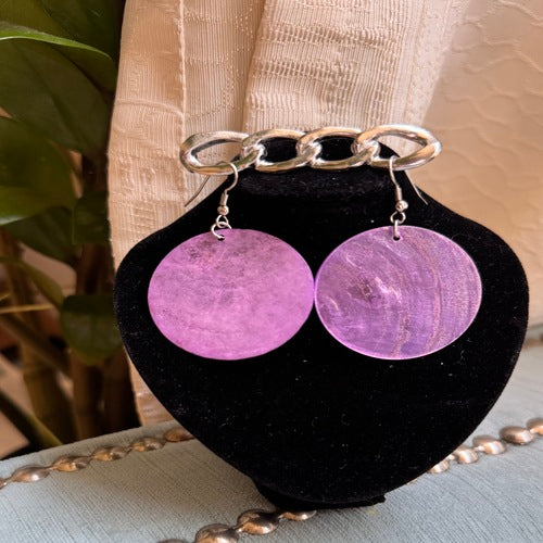 Hawaiian Jewelry Purple Circle Shell Dangle Earrings with Stainless Steel Hooks