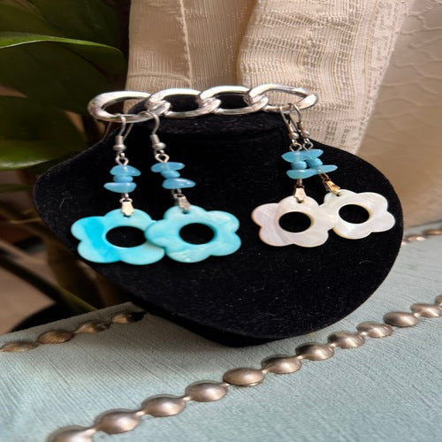 Hawaiian Jewelry Light Blue & White Shell Flower Shape Dangle Earrings with Stainless Steel Hooks