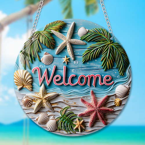 Starfish and Seashell Plaque Style 1, Welcome Sign, Summer Sign, Home Decoration, Front Door Decoration