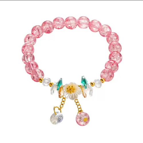 Pink Crystal Beaded Bracelet with Floral Charm