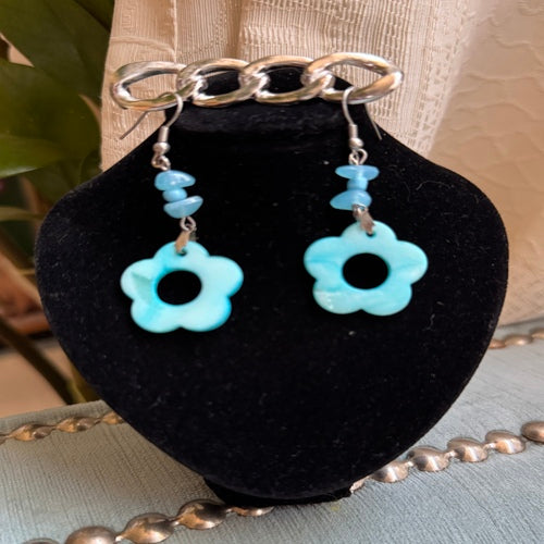 Hawaiian Jewelry Light Blue Shell Flower Shape Dangle Earrings with Stainless Steel Hooks