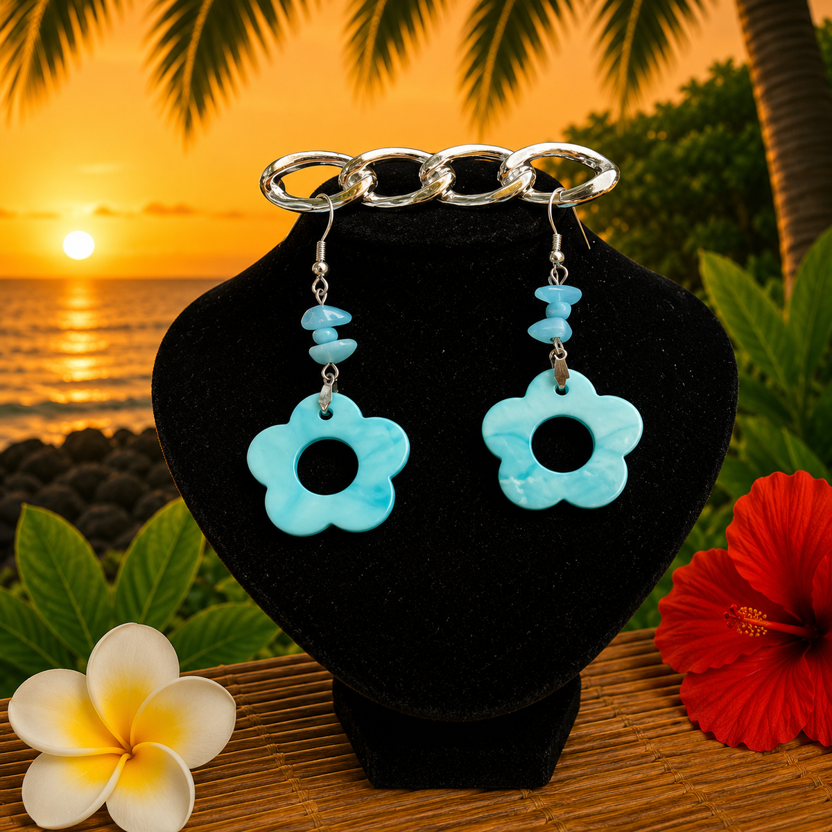 Hawaiian Jewelry Light Blue Shell Flower Shape Dangle Earrings with Stainless Steel Hooks