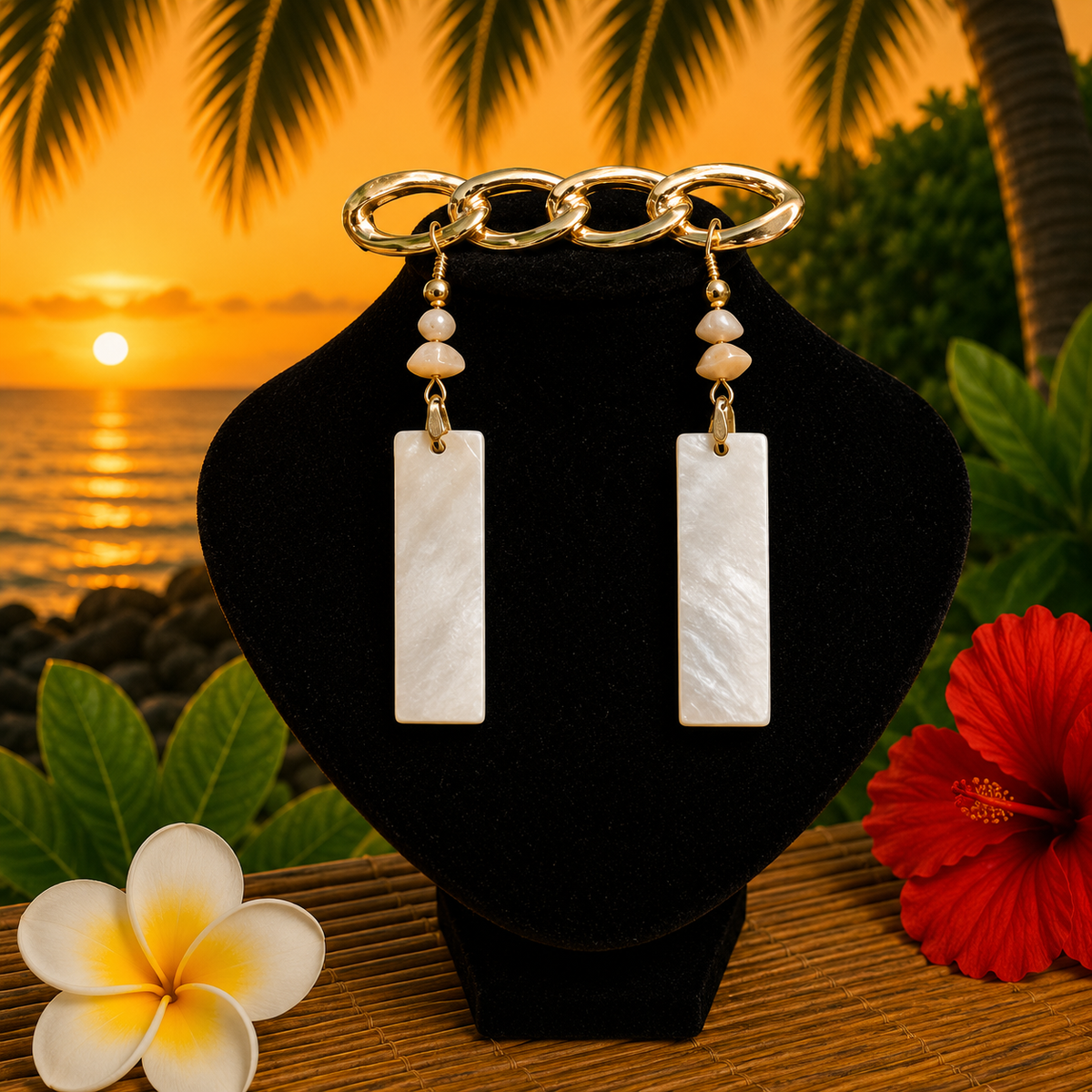 Hawaiian Jewelry White Rectangular Mother-of-Pearl Pendant Dangle Earrings with Stainless Steel Hooks