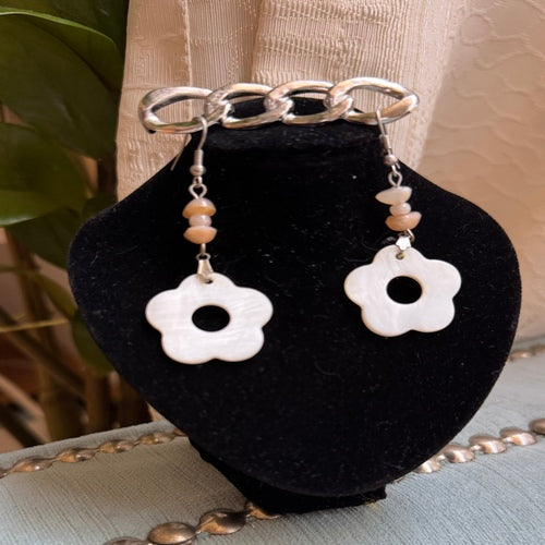 Hawaiian Jewelry White Shell Flower Shape Dangle Earrings with Stainless Steel Hooks