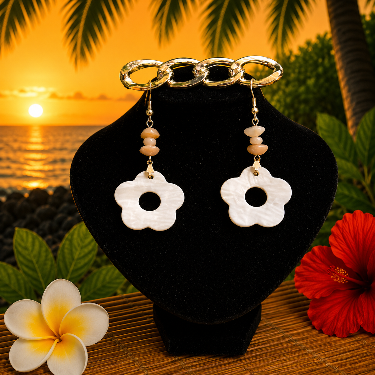 Hawaiian Jewelry White Shell Flower Shape Dangle Earrings with Stainless Steel Hooks