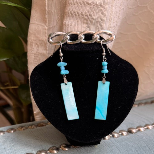 Hawaiian Jewelry Blue Rectangular Mother-of-Pearl Pendant Dangle Earrings with Stainless Steel Hooks