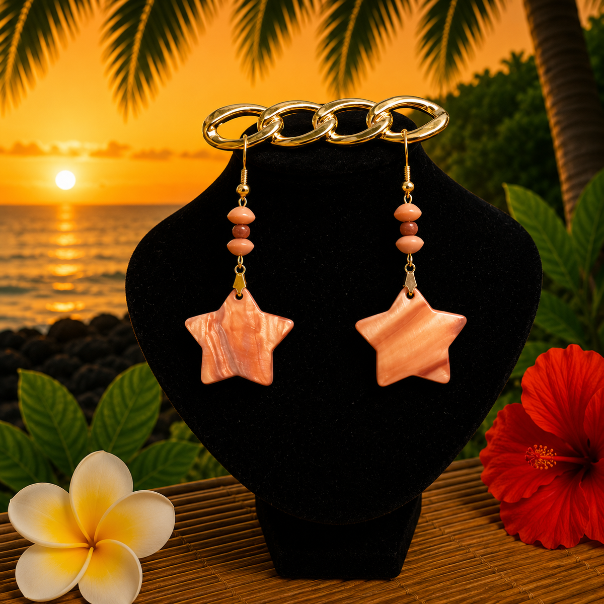 Hawaiian Jewelry Pinkish-Brown Star Shaped Shell Dangle Earrings with Stainless Steel Hooks
