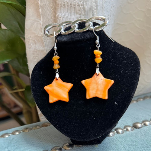 Hawaiian Jewelry Orange Star Shaped Shell Dangle Earrings with Stainless Steel Hooks