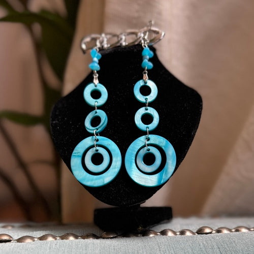 Hawaiian Jewelry Blue Multi Circle Stylish Long Dangle earrings with Stainless Steel Hooks
