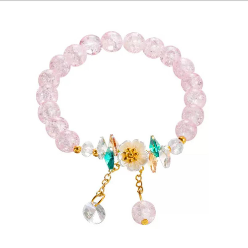 Light Pink Crystal Beaded Bracelet with Floral Charm