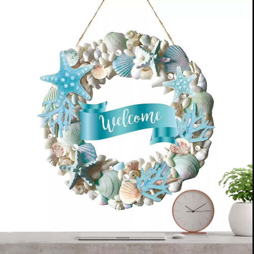 2D Wood Coastal Wreath For Front Door, Welcome Sign for Front Door