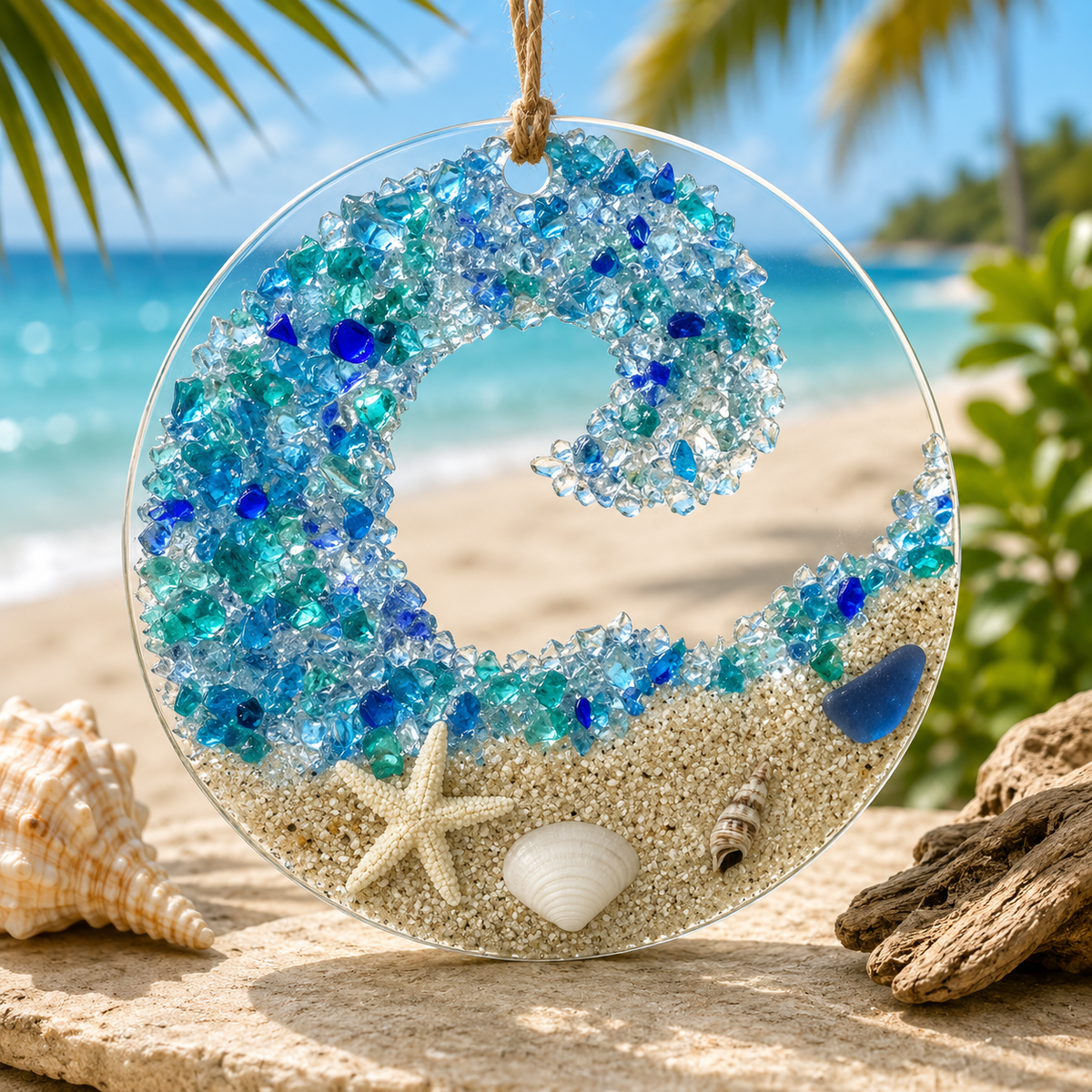 Sea Glass Suncatcher Style 2, Acrylic Ocean Wave Crashing Beach Ornament, Hanging Sea Glass Pieces Light Catcher Ornament for Beach Themed Home Interiors