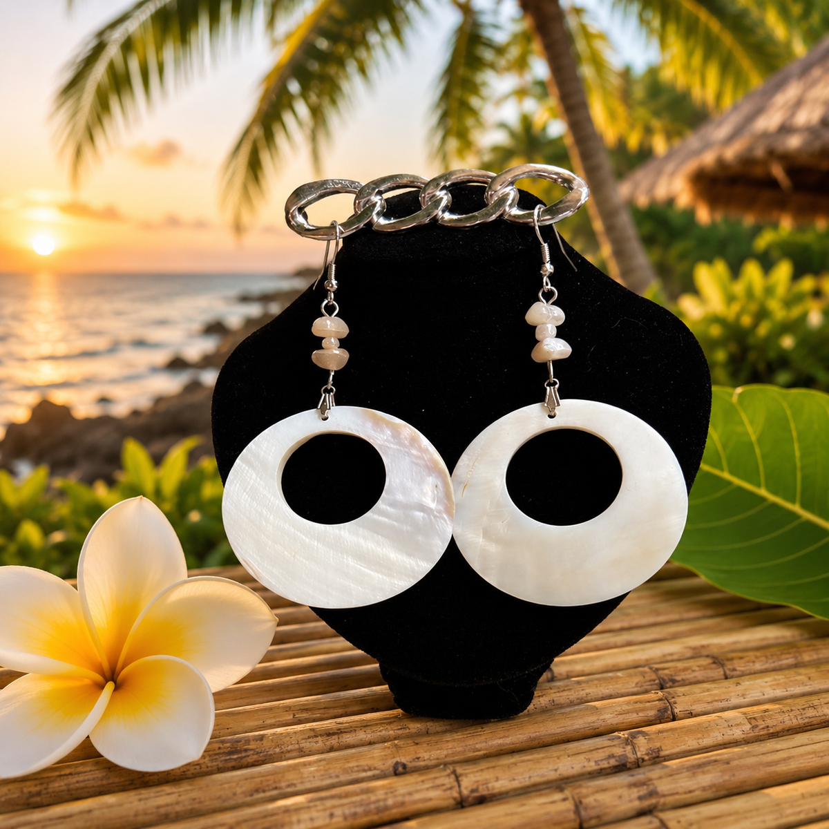 Hawaiian Jewelry White Circle Shell Dangle Earrings with Stainless Steel Hooks