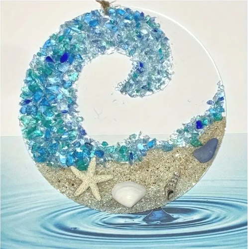 Sea Glass Suncatcher Style 2, Acrylic Ocean Wave Crashing Beach Ornament, Hanging Sea Glass Pieces Light Catcher Ornament for Beach Themed Home Interiors