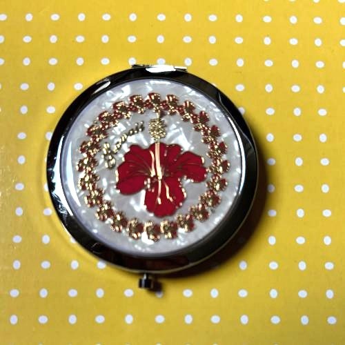 Hawaiian Hibiscus Red Compact Mirror with Golden White background - Elegant and Portable Makeup Mirror