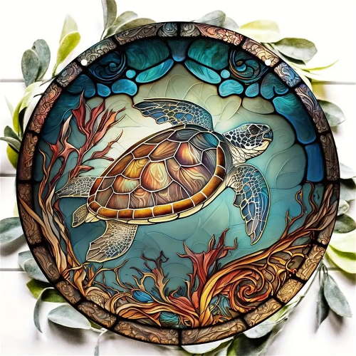 Sea Turtle Stained Acrylic Window Suncatcher, Round Wall Hanging Decor, Garden Art For Home, Window, Bar, Office Decor, Housewarming, Friends, Family, Colleagues Gifts