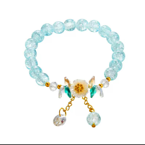 Aqua Blue Crystal Beaded Bracelet with Floral Charm