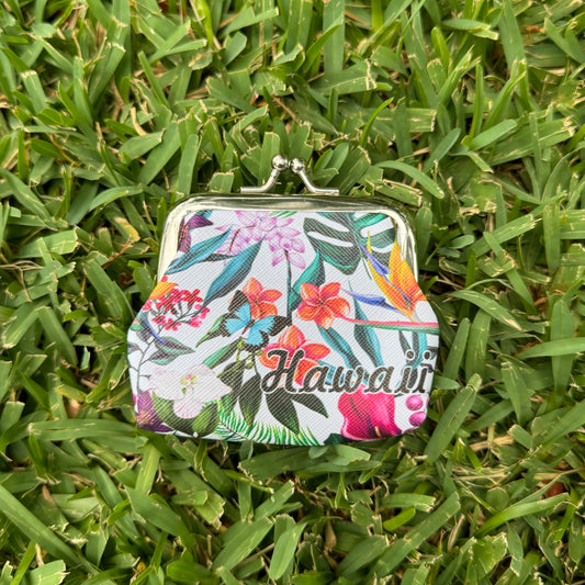 Hawaiian Flowers Canvas Mini Coin Purse, Makeup Bag, with Kiss Lock Buckle, Perfect Gift For Girls Women Daily Use