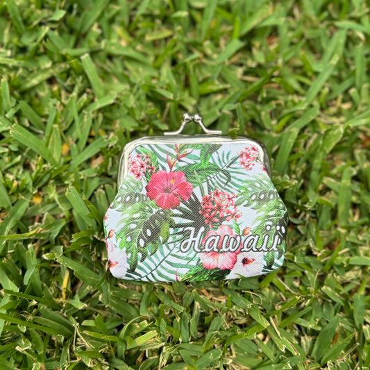 Hawaiian Flowers Canvas Mini Coin Purse, Makeup Bag, with Kiss Lock Buckle, Perfect Gift For Girls Women Daily Use