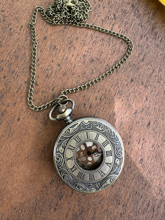 Vintage Bronze Roman Numerals Quartz Pocket Watch with Stainless Steel Case and Chain