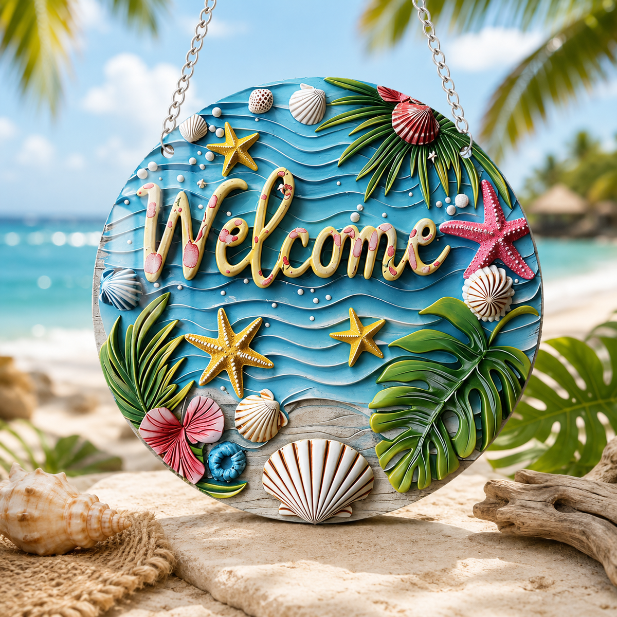 Starfish and Seashell Plaque Style 2, Welcome Sign, Summer Sign, Home Decoration, Front Door Decoration