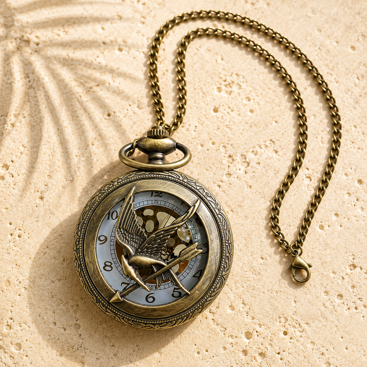 Vintage Classic Large Skeleton Pocket Watch,Antique Bronze with Stainless Steel Case and Chain