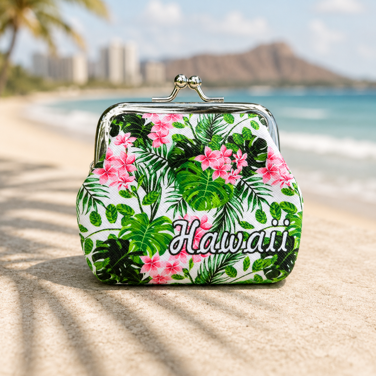 Hawaiian Flowers Canvas Mini Coin Purse, Makeup Bag, with Kiss Lock Buckle, Perfect Gift For Girls Women Daily Use