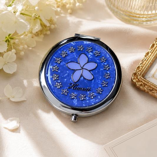 Hawaiian White and Golden Plumeria Compact Mirror with Lavender Background – Elegant Pocket Makeup Mirror